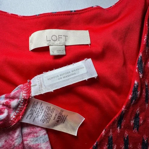 LOFT Red Ikat Print Flutter Sleeve V Neck Tie Waist Dress Women's Size S - Picture 7 of 7